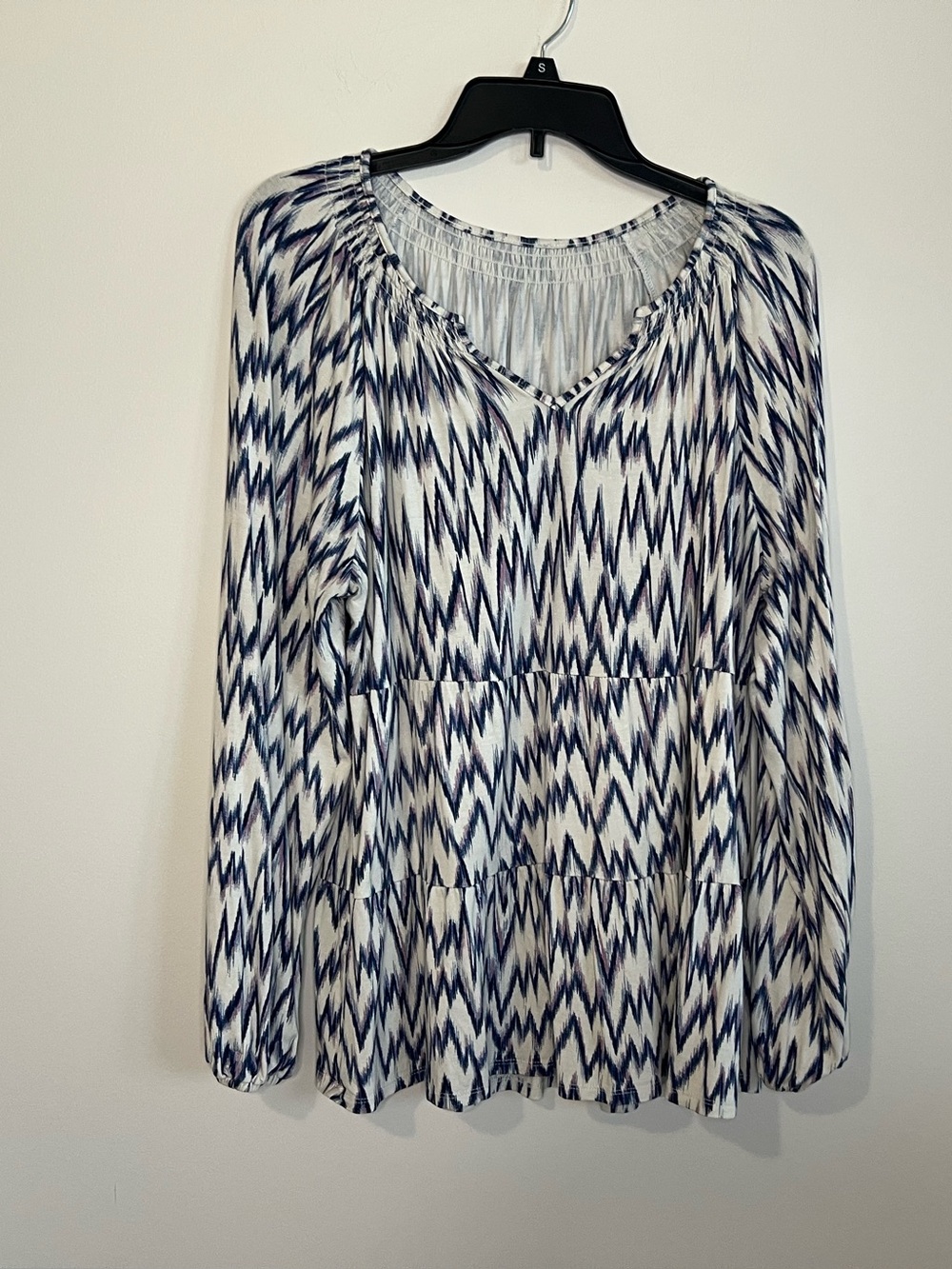 Women’s Blue & White Printed Long Sleeve Peasant Top